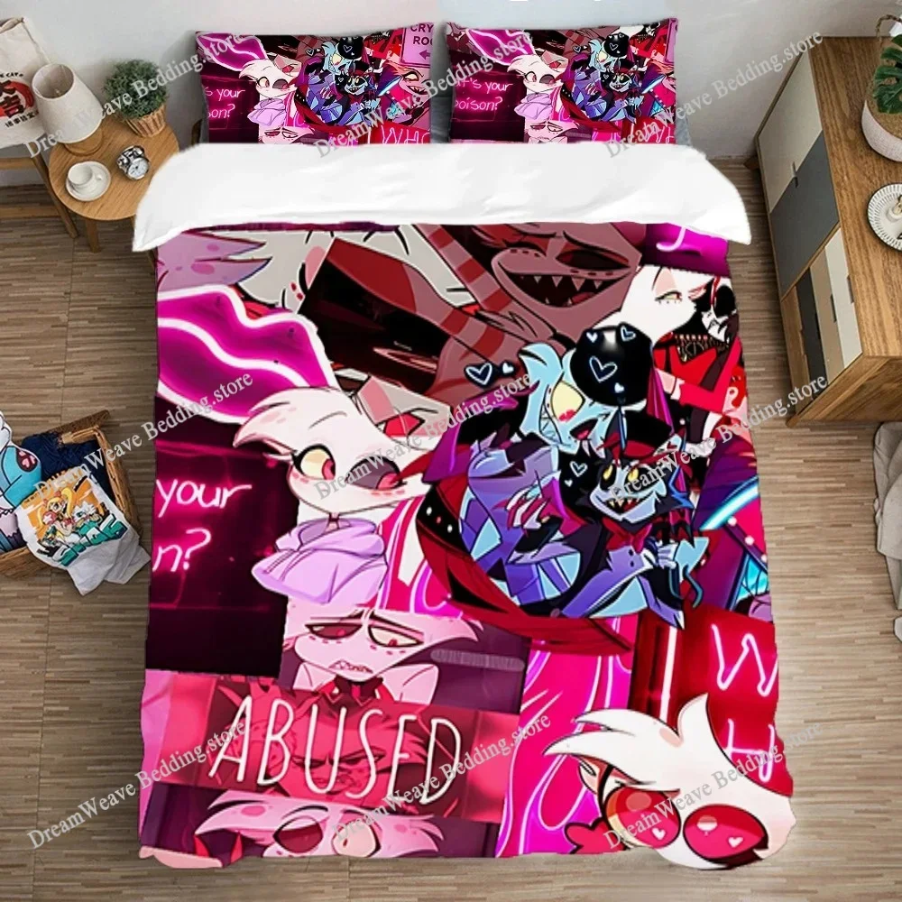 

Queen Bed Comforter Sets Art Quilt Cover Set H-Hazbin Hotels Bedding Set Double Size Duvet Covers Pillowcase Fashion Linen Home9