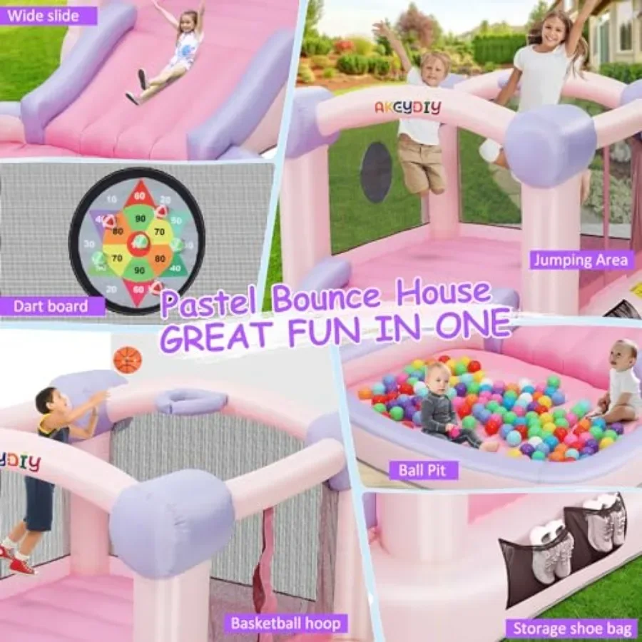 Dmuchany domek do skakania dla dzieci z dmuchawą w zestawie, różowy domek do zabawy wewnątrz/na zewnątrz, domek do skakania dla dzieci w stylu makaroników.