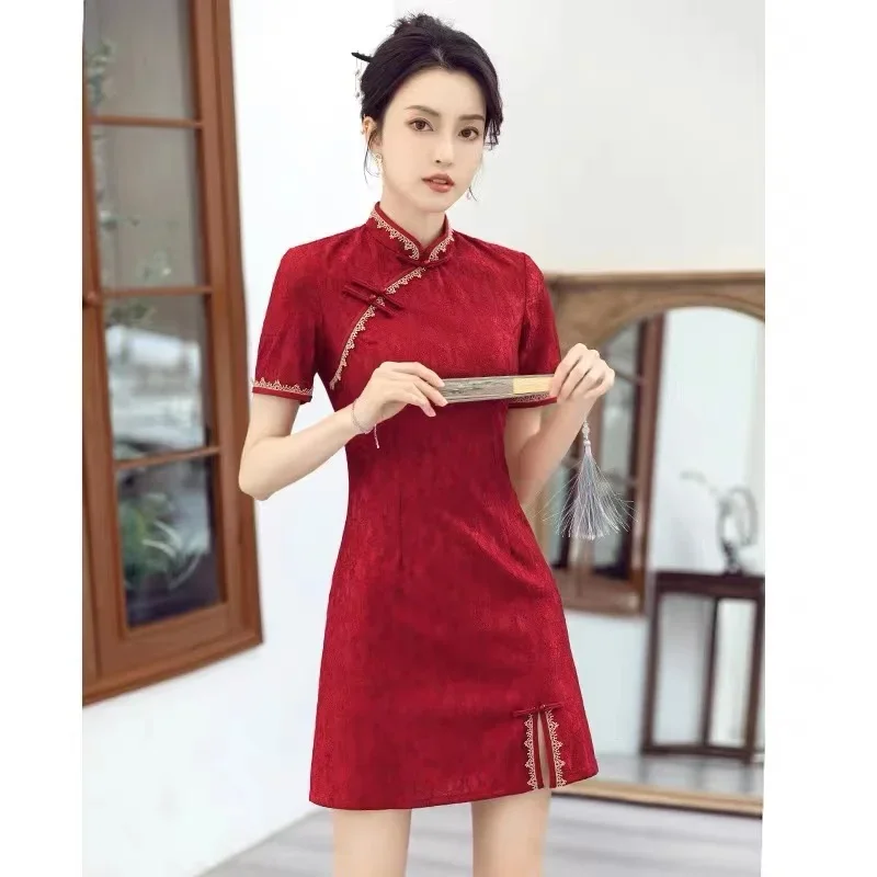 

Traditional Chinese Clothing Red Cheongsam Summer New Modern Improved Young Short Qipao Dress New Year CNY