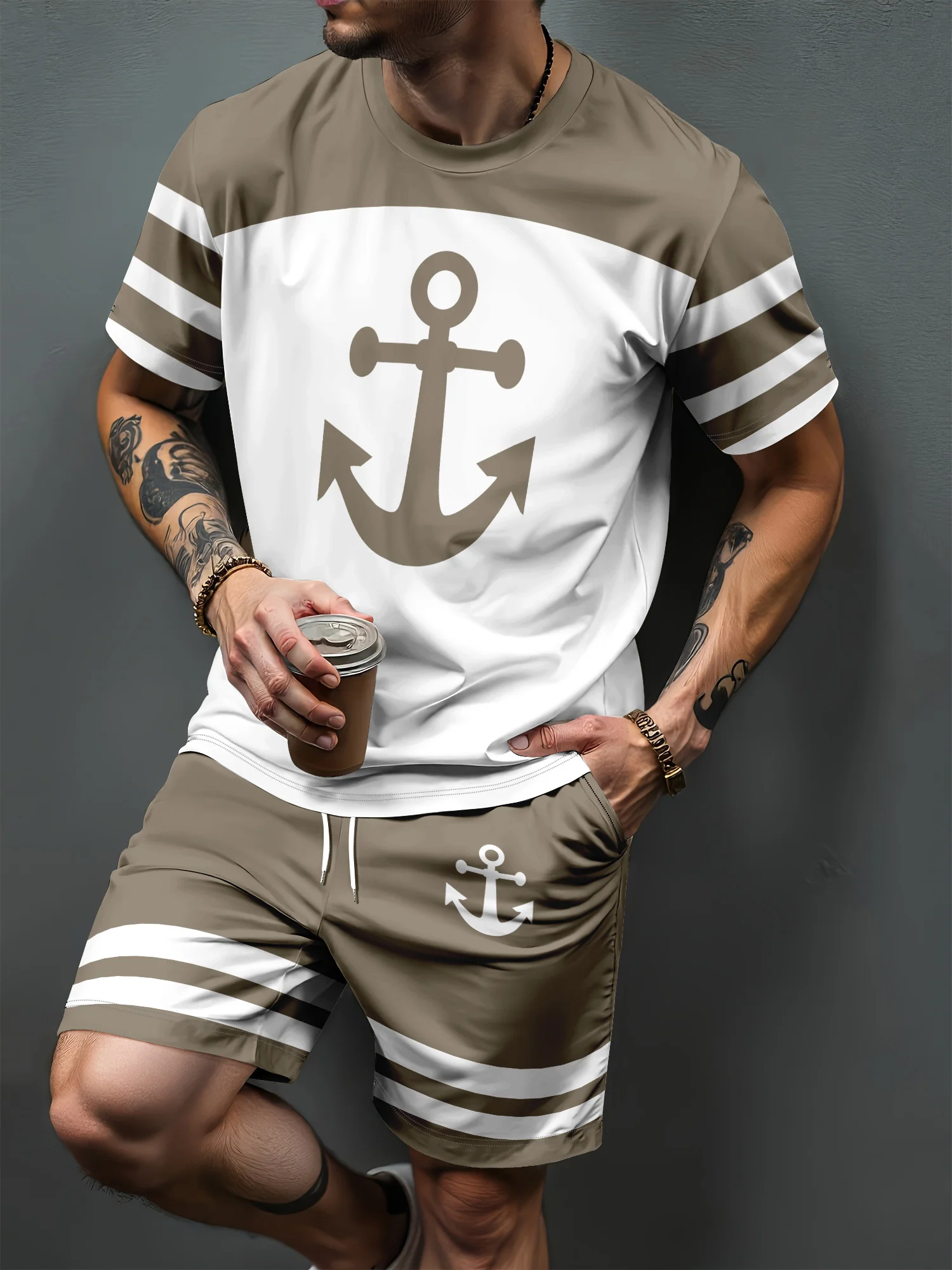 New Navy Anchor Print Men's Set Summer Outdoor T-Shirt & Drawstring Shorts Two-Piece Set Casual Sportswear Plus Size Men's Set