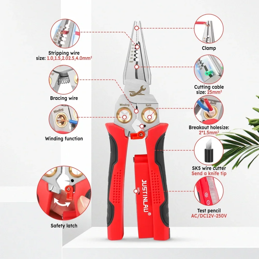 Multifunctional Wire Stripper Electrician Pliers 8-in-1 Stainless Steel Needle-nose Pliers with Electrical Measurement Hand Tool