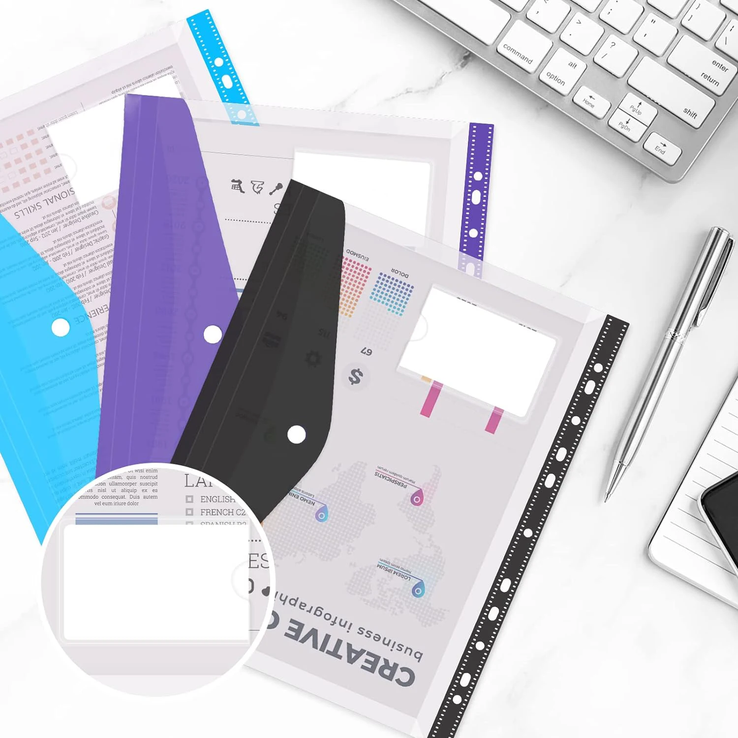 12pcs Punched Pocket Clear Plastic Wallet Binder Folders with 11 Hole File Binder Pockets with Snap Closure