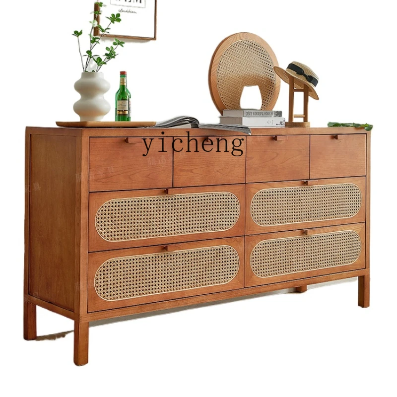 

ZC Living Room Solid Wood Chest of Drawers Nordic Solid Wood Rattan Hallway Locker Storage Chest of Drawers Sideboard Cabinet