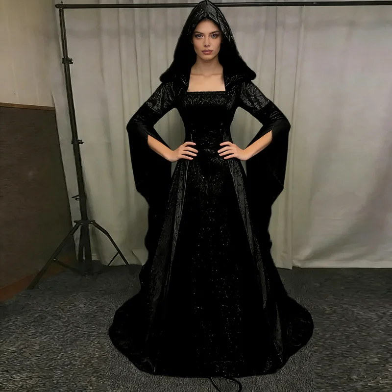 

Женское роскошное платье ведьмы, средневековое платье эпохи Возрождения, платье макси со шлейфом на Хэллоуин, дьявол, языческая ведьма, свадебный костюм, платье с капюшоном, халат