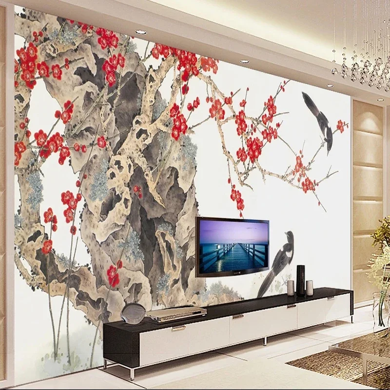 Custom 3D Flower And Bird Chinese Painting Happy Brows TV Background Wall Mural Wallpa Papel De Parede Tapety  Home Décor Fresco