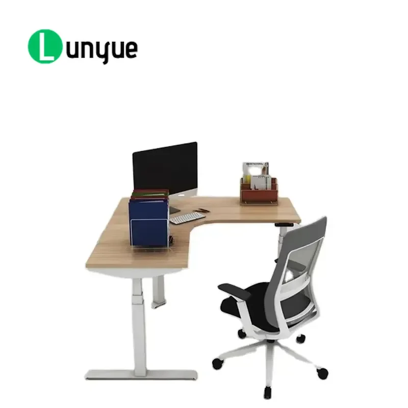 L Shape Electric Height Adjustable Desk Metal Frame Wood Top Modern Freestanding Standing Workstation for Home Office Corner
