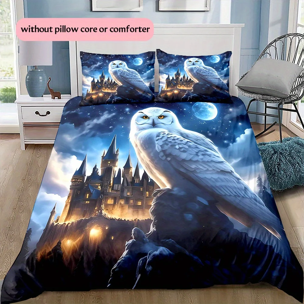 1 Set Anime-Themed Magic Academy Castle & Owl Design Bedding, 3D Digital Print, All-Season Polyester Quilt Cover & 2 Pillowcases