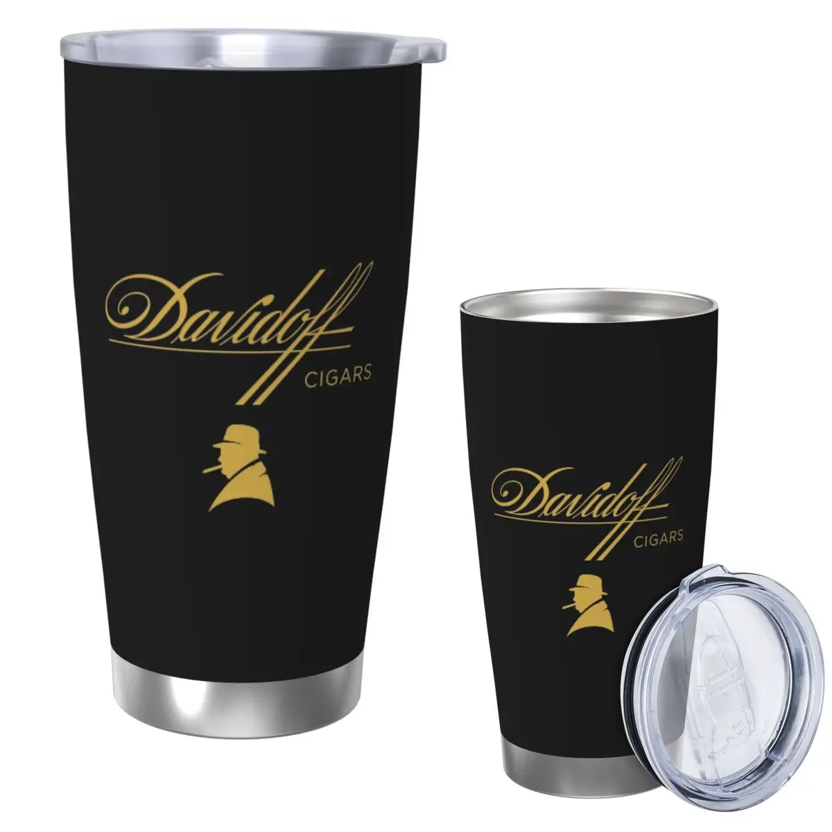 Davidoff Cigars Vaso de acero inoxidable negro Taza aislada al vacío Botella térmica fría Pajita con tapa 20 oz