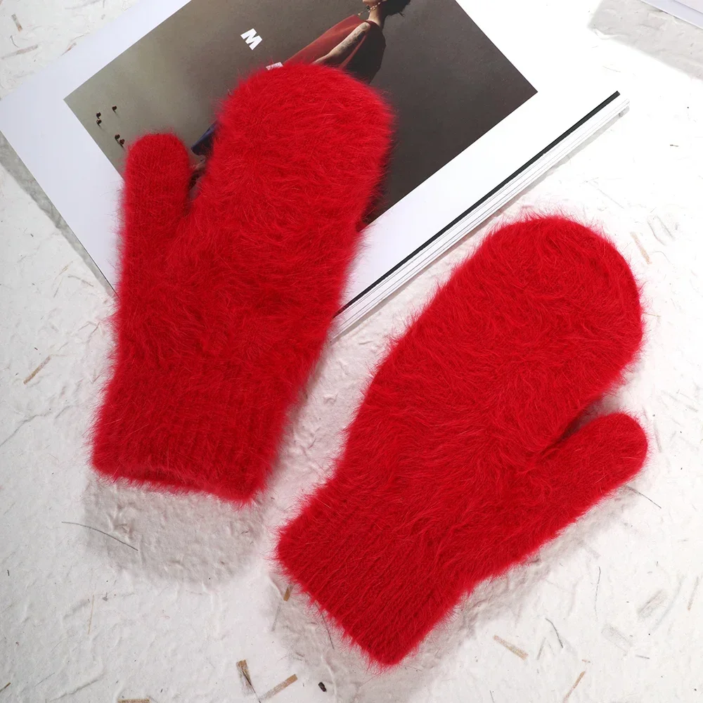 1 Pairs All Finger Mittens Thicken Warm Winter Gloves Rabbit Wool Gloves Solid Color Plush Gloves Handmade Fashion Hand Warmer