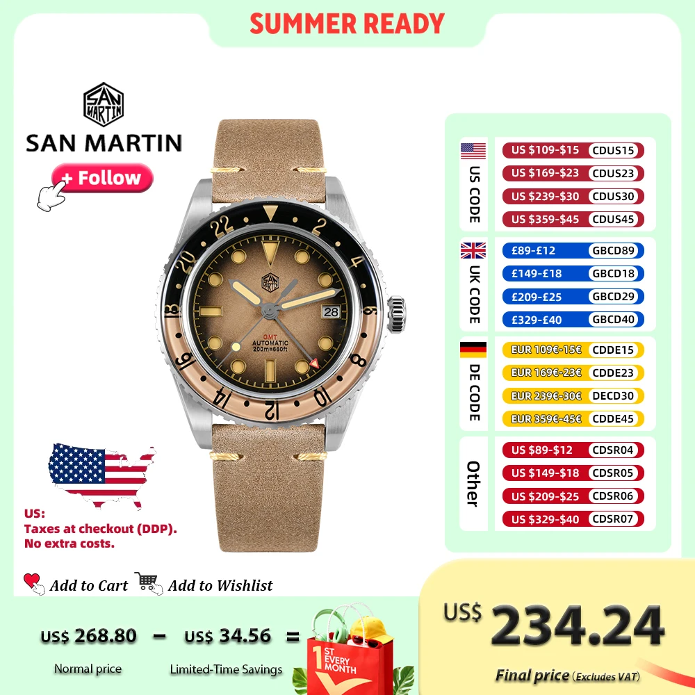 

San Martin 40 мм Ретро NH34 GMT Часы сэндвич-циферблатом Двунаправленный сапфировый безель 20 бар Роскошные наручные часы из нержавеющей стали SN0134