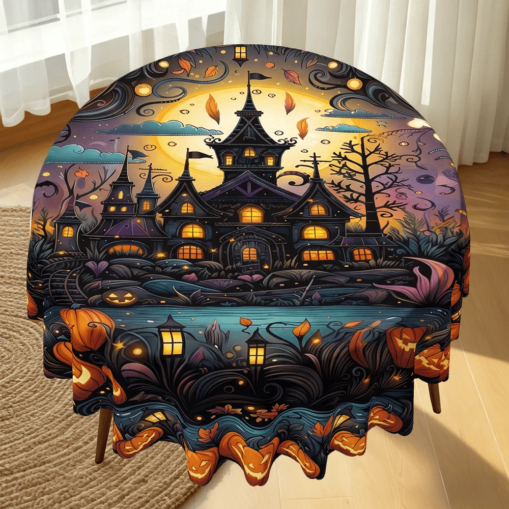 1PC, black background Halloween pumpkin haunted house castle pattern tablecloth, family gathering, dining room decoration