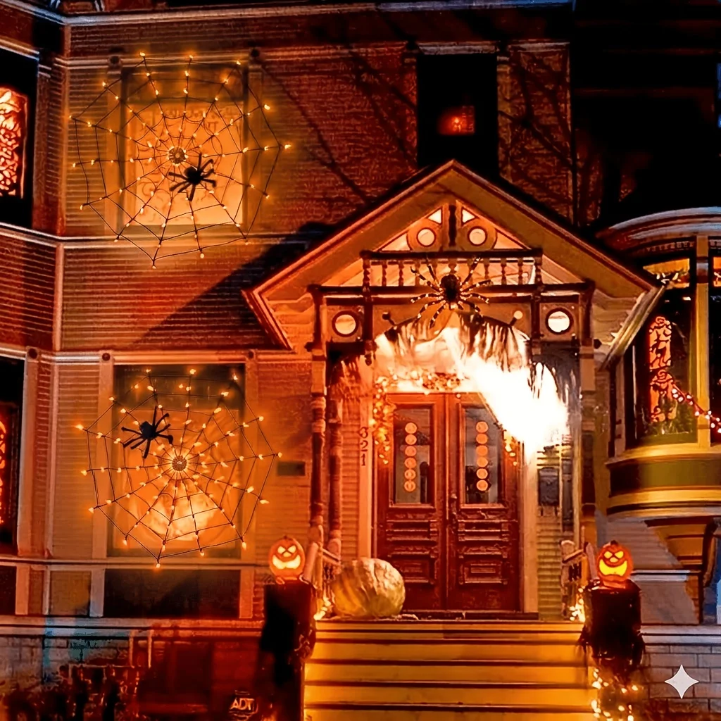 Halloween Spider Web LED String Decor Lights 8 Modes Spooky Atmosphere Hanging Ornament For Haunted House Home Holiday Party