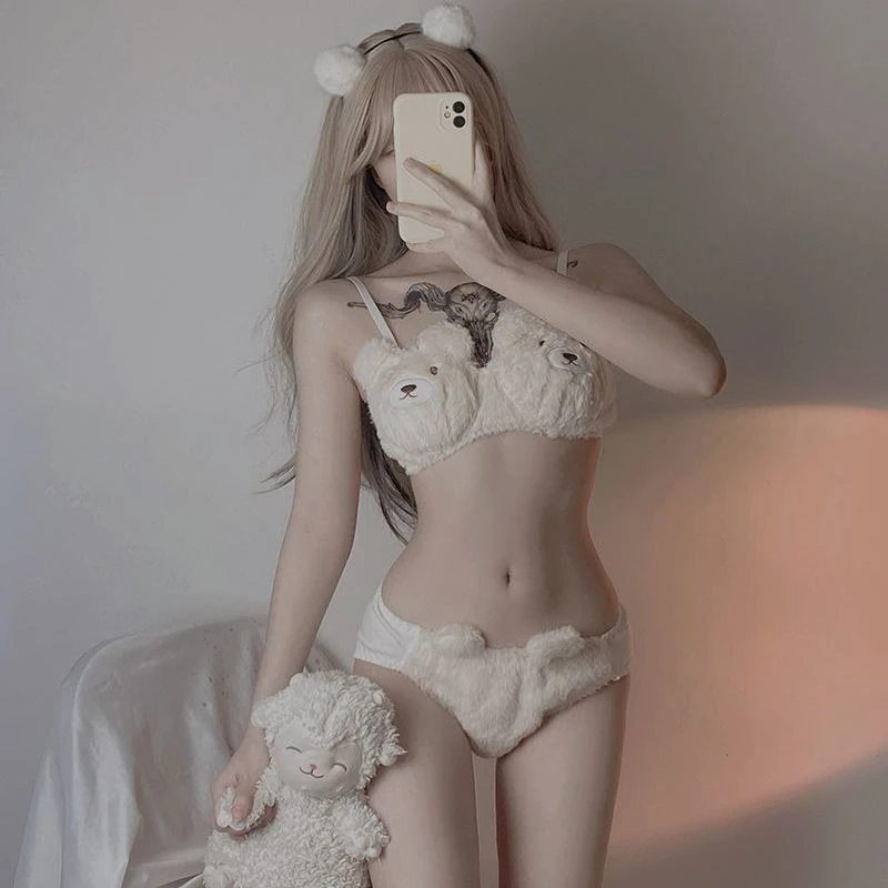 Pohodlná zimní a podzimní plyšová podprsenka ve tvaru medvídka, roztomilá kreslená měkká a teplá podprsenka s malými prsy - náhled 3