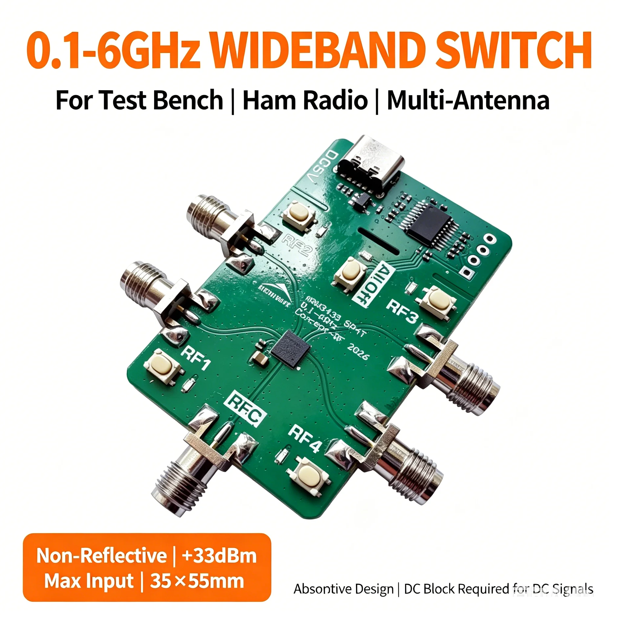 100Mhz-6GHz SP4T High Isolation RF Switch For 433Mhz 868Mhz 2.4Ghz 5.8Ghz SDR Ham Radio 5G Base Station Antenna Test System