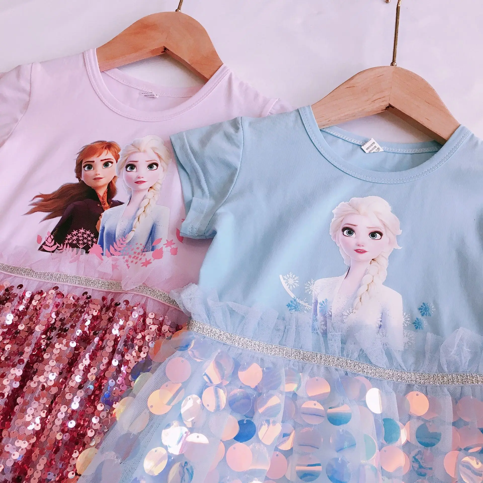 Frozen Elsa Anna Cartoon Clothing for Girls Casual Frock Disneyland Trip Princess Dress Children 6 8 10 Yrs Sequined Summer Gown