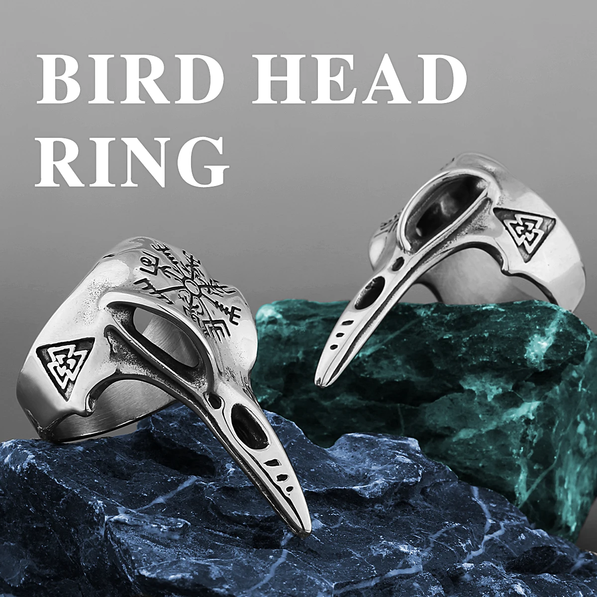 

Vintage Viking Crow Skull and Helm of the Awe Ring Men's Hip Hop Valknut Amulet Biekr Ring Stainless Steel Nordic Jewelry Gift