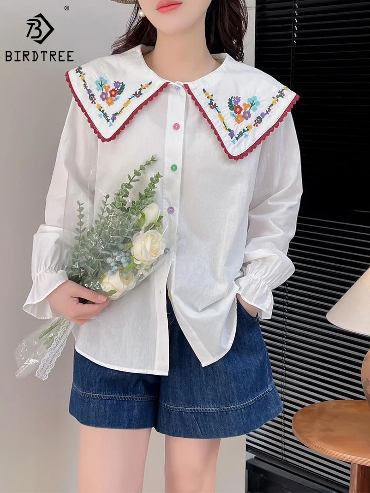 New Summer Cotton Loose Shirt Women Peter Pan Collar Long Sleeve Tops Girl Floral Embroidery Sweet Blouses 2024 Spring T43207QM