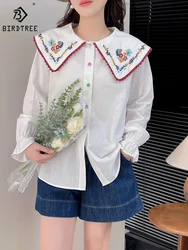 New Summer Cotton Loose Shirt Women Peter Pan Collar Long Sleeve Tops Girl Floral Embroidery Sweet Blouses 2024 Spring T43207QM