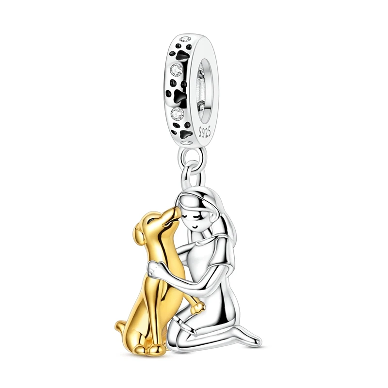 Charms aus 925er-Sterlingsilber für Mädchen mit Welpen, Perle, CZ-Zirkon, niedliche Haustiere, baumelnd, passend für Original-Armbänder, DIY-Frauenschmuck
