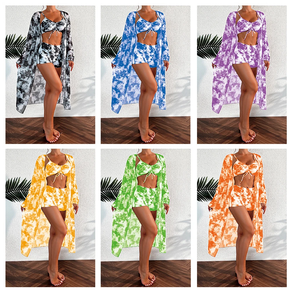 Women Bikini 3 Piece Set Tie-dye Art Printing Sexy High Waisted Ruched Swimsuit + Long Sleeved Smock Beachwear 2024 New 6 Colors