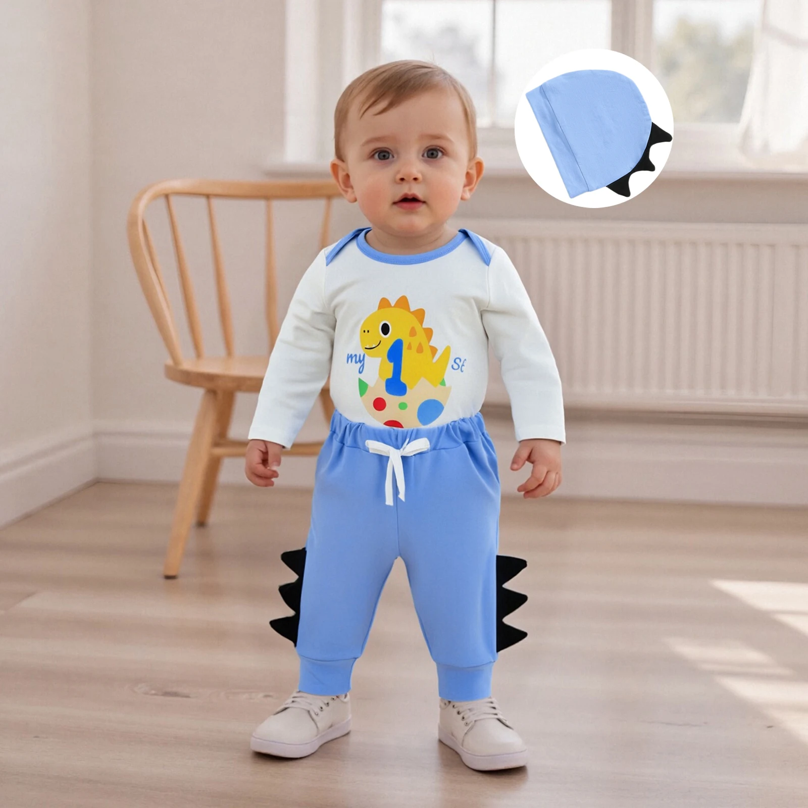 

Baby Autumn Clothing Boy Fall Clothes Letter Dinosaur Print Long Sleeve Romper Long Pants and Hat 3Pcs Outfit