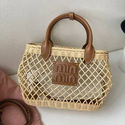 2024 Exquisite Hollow Bamboo Basket Bag Rattan Woven Crossbody Niche Design High Quality Letter Beach Holiday Women's Handbag