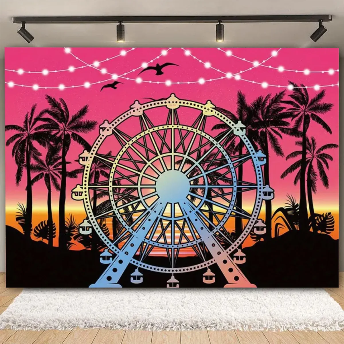 

Ferris Wheel Birthday Party Backdrop Seaside Sunset Beach Lights Tree Ocean Hawaii Holiday Barbecue Music Festival Background