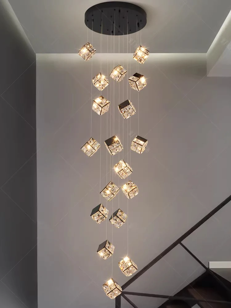 

Black hanging LED cube crystal chandelier for living room, dining room interior ceiling decorative lighting fixtures.