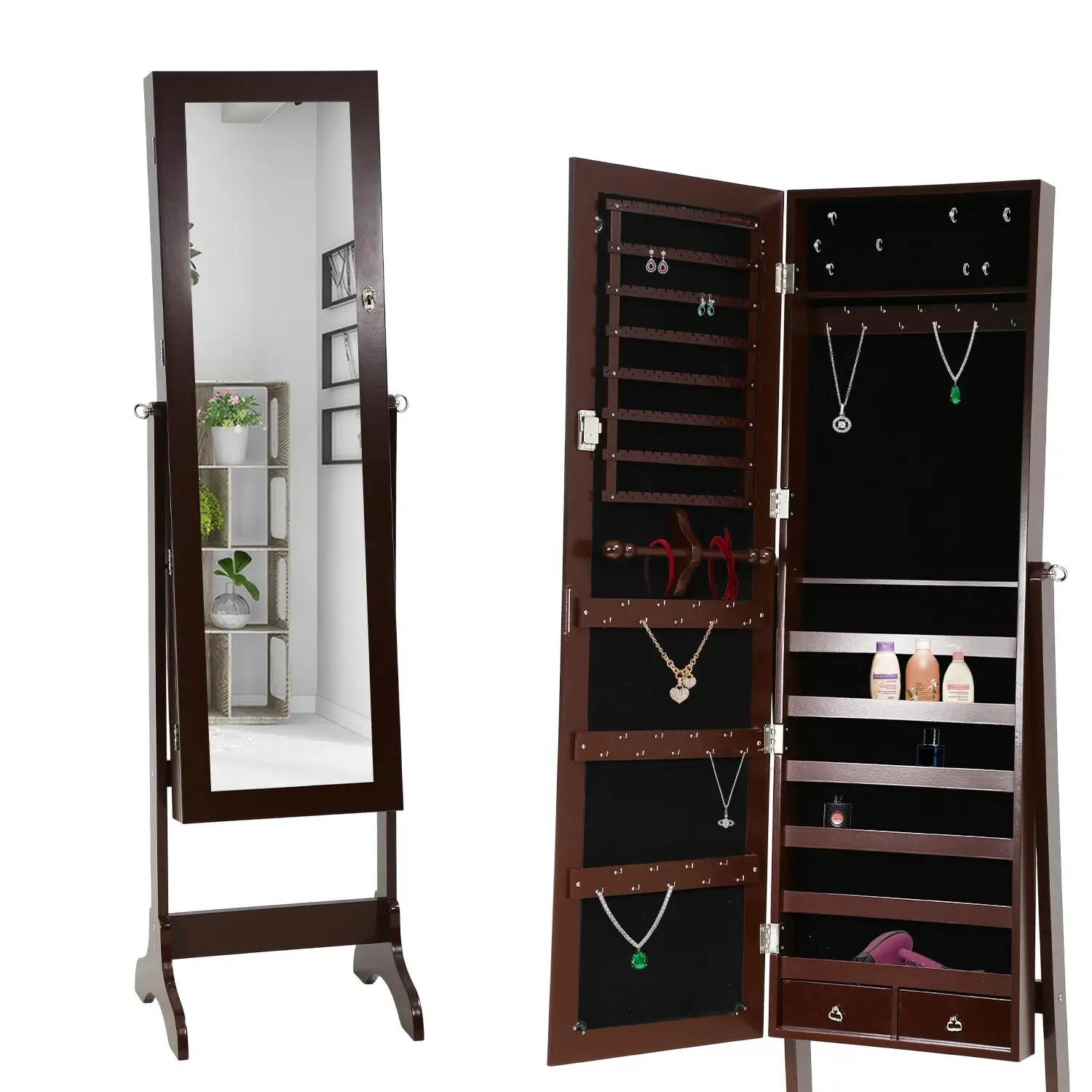 

Brown Floor Standing Jewelry Armoire Mirror Cabinet Full Length Organizer Lockable Double Door Storage Bedroom, Customized