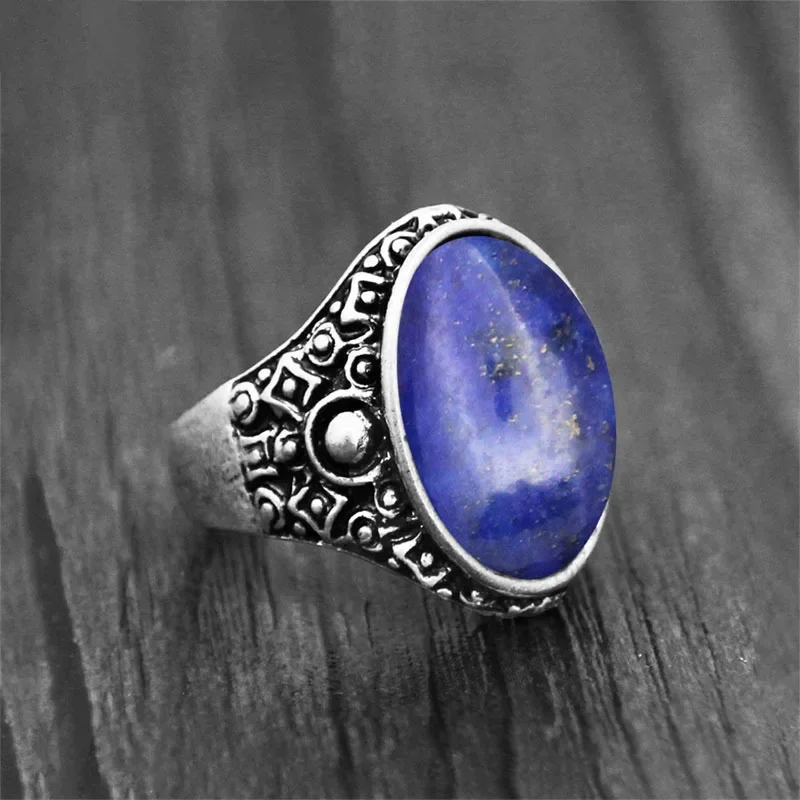 Retro Oval Lapis Lazuli Quartz Women Rings Antique Silver Plated Astrology Natural Stone Tiger Eye Unakite Fashion Ring