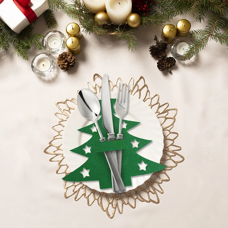 10pcs Christmas Knife and Fork Holder Elk Xmas Tree Pocket Cutlery Bag Non-woven fabric Cookware Organizer Table Decor view 6