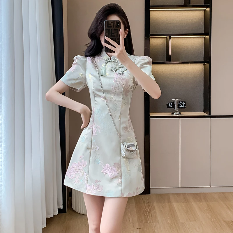 

Chinese Female Flower Dress Elegant Slim Jacquard Qipao Mandarin Collar Vintage Cheongsam Vestidos Elegant Tassel Formal Dress