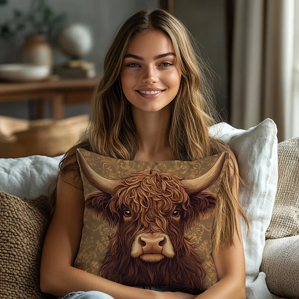 كيس وسادة بقرة هايلاند - غطاء وسادة من القماش الناعم المزخرف، قابل للغسل لديكور المنزل على شكل حيوانات المزرعة، مناسب للأرائك والأرائك #3