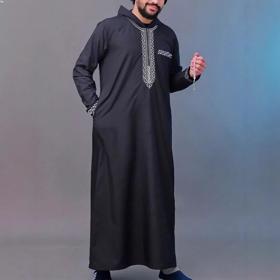 New Men's Loose Hooded Robe Luxury Men's Embroidered Long Sleeve Muslim Clothing Robe Juba Sobi