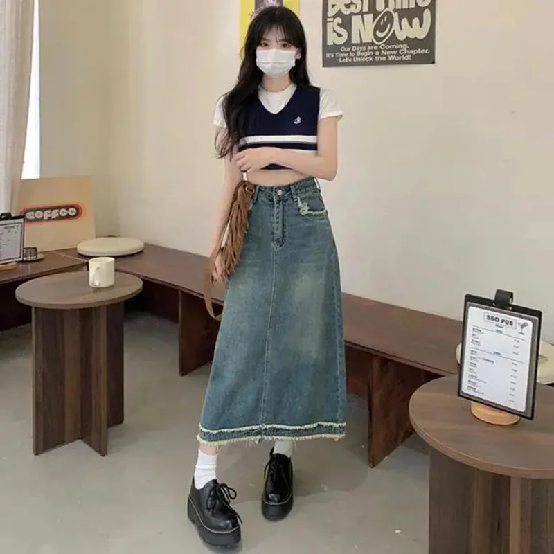 

Jean Skirt Women High Waist Retro Slimming A- line Skirt Versatile Mid-Length Denim Skirt Womens Y2k Sexy Fashion Streetwear ﻿