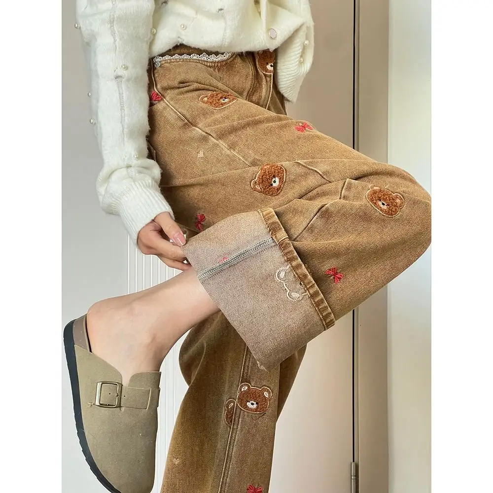 Damskie jeansy z wysokim stanem, szerokimi nogawkami, haftem z misiem z koronką, luźne spodnie, uniwersalne jeansy codzienne dla dziewczyn.