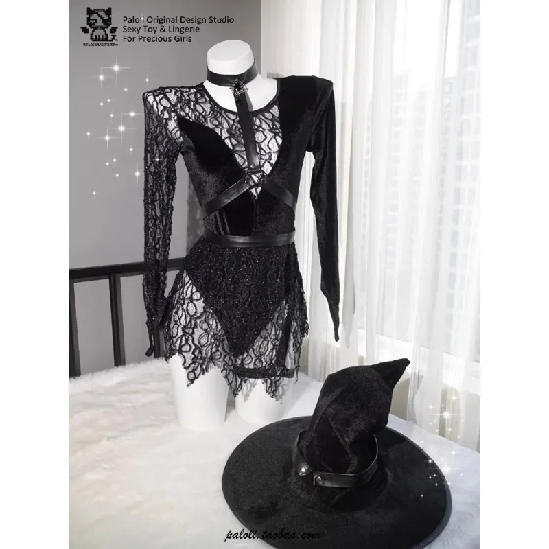 

Sparkling Velvet Cloth Witch Bodysuit with Hat Halloween Dress Up Punk Gothic Baroque Party Simulated Cosplay