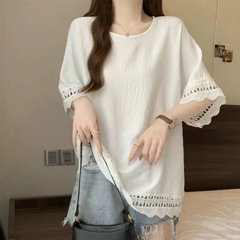 Summer Women Oversized Hollow Out Lace Edge T-shirt Plus Size Loose Short Sleeve Blouse Sweet Hide Belly Top For Fat Ladies