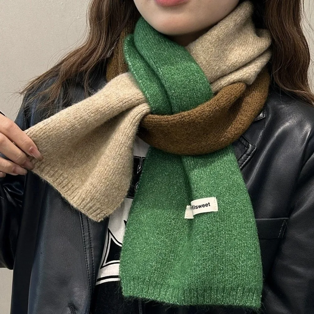 Contrast-Color Knitted Scarf Warm Material Fall Winter Weight Knit Neck Wrap Patchwork Design Versatile Styling Yarn Scarf