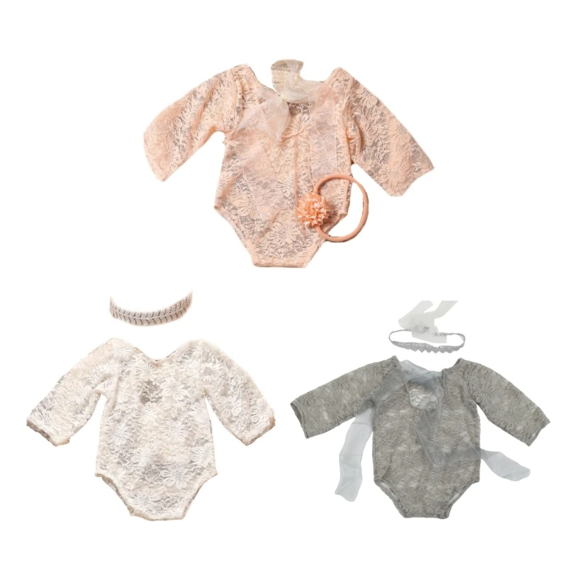

Baby Photography Accessories Lace Bodysuit with Headband Newborn Photo Prop Outfit for Memorable Pictures 2-piece