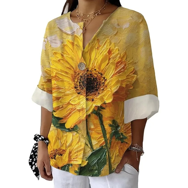 

Women's Long Sleeve Sunflower Shirt Floral Oil Painting Print Art Top Loose V-Neck Shirt Women's Party Casual Bohemian Style