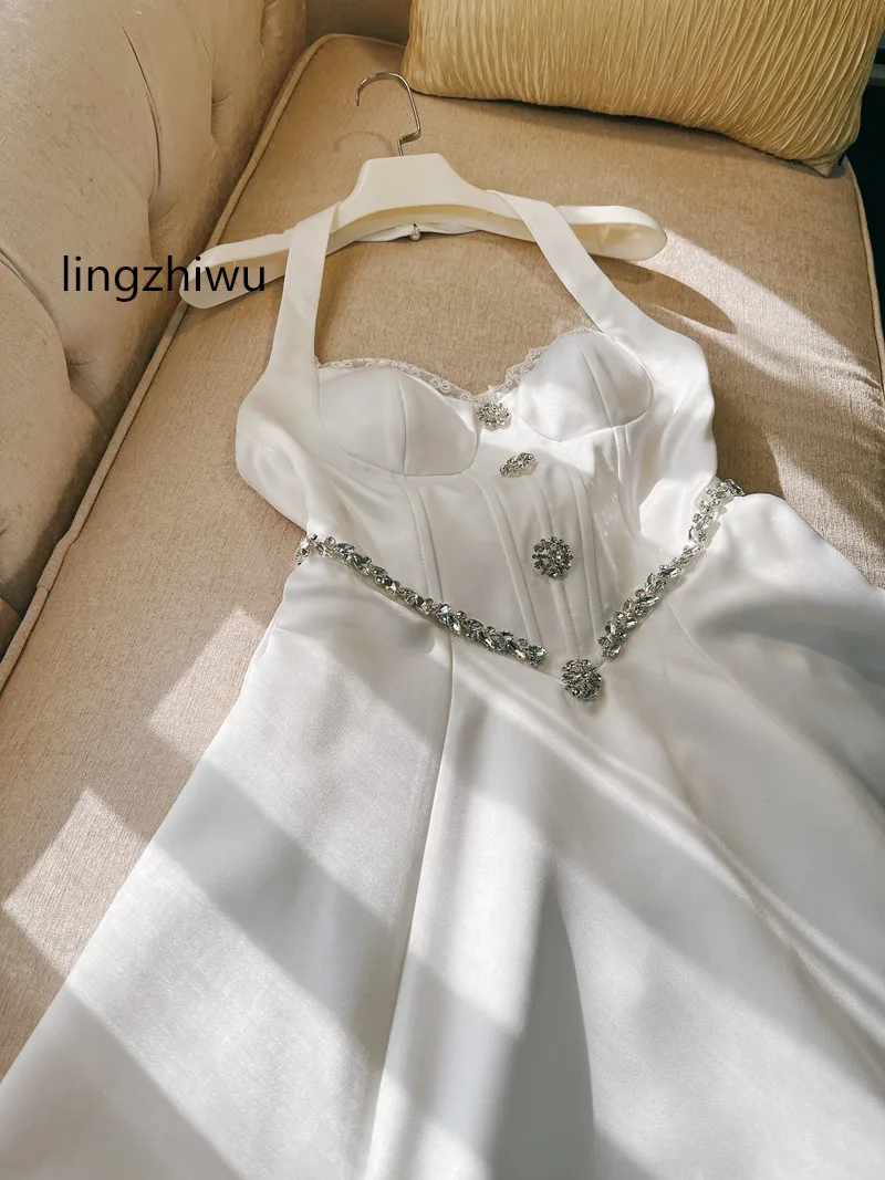 lingzhiwu White Vintage Dress French Holiday Dresses Halter Neck Off The Back Diamond Slim Waist Vestidos Party New Arrive