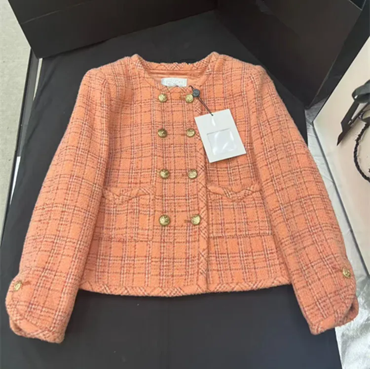 Customization European women's fashion 2026 spring new collection Long-sleeved orange double-breasted tweed coat and skirt suit