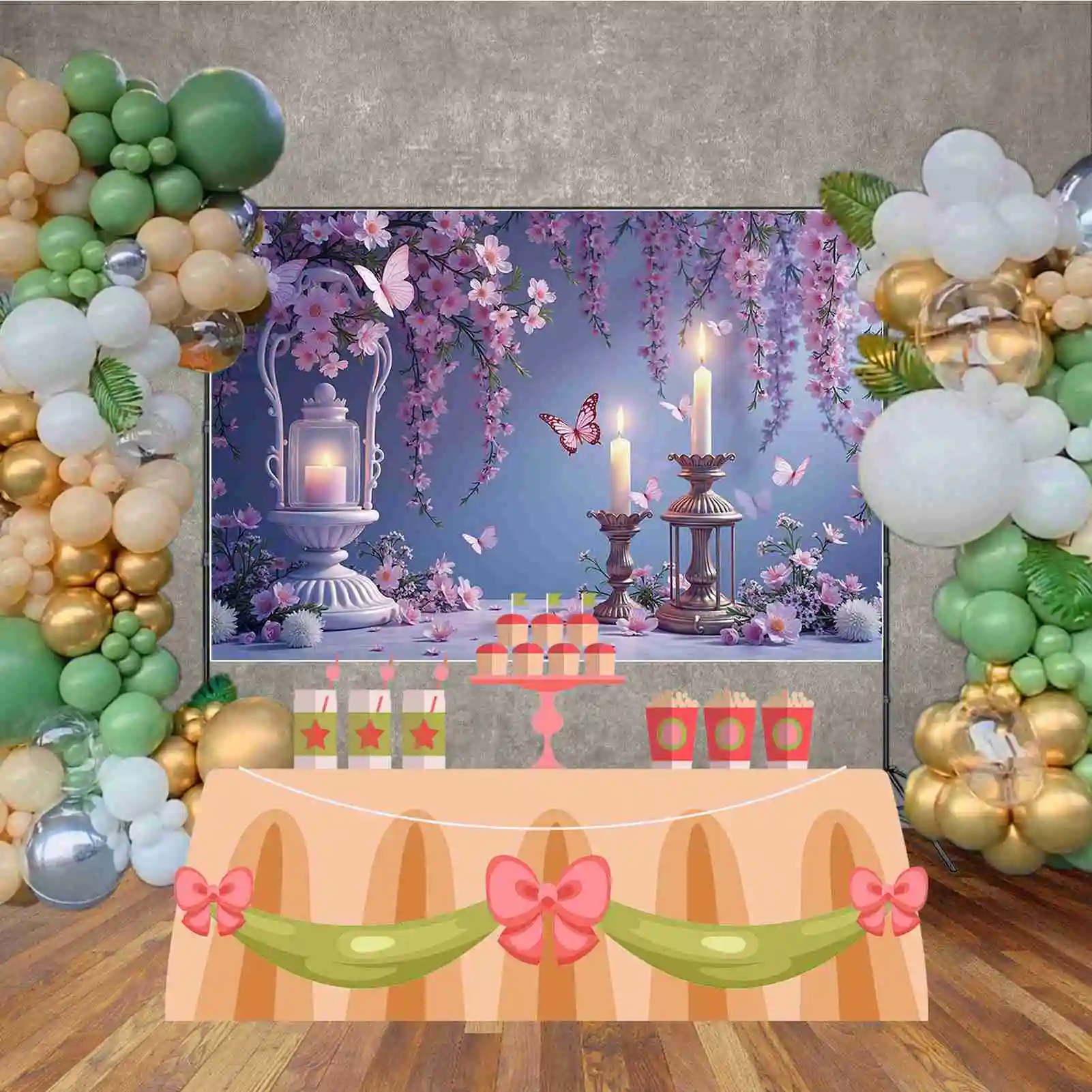 MOON.QG Pink Purple Children Birthday Photozone Backdrop Hanging Flowers Balloons Butterfly Baby Photography Shooting Background