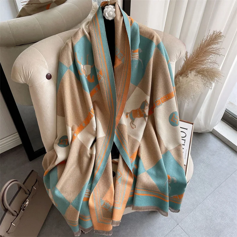 Luxury Winter Scarf Women Soft Cashmere Warm Pashmina Double Horse Printed Scarves Wraps Thick Shawl Bufandas Stoles Hijabs