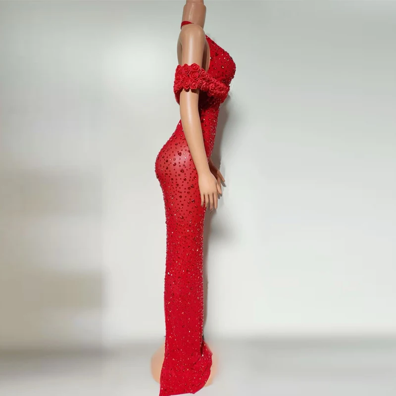 Rot Weiß Strass Abendkleider Frauen Party Jazz Dance Kostüm Feiern Bar Nachtclub Bühne Leistung Tragen XS9647