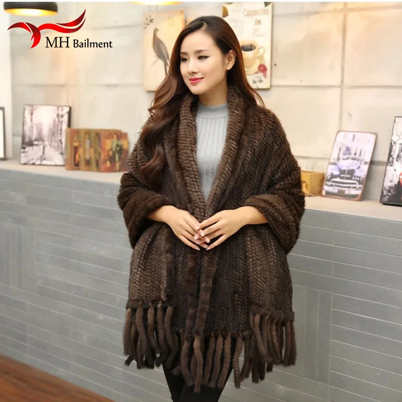 Women Fur Poncho Winter Black/Brown Knit Natural Mink Fur Scarves Wraps Real Mink Fur Shawls for Women Mink Fur Shawl D9