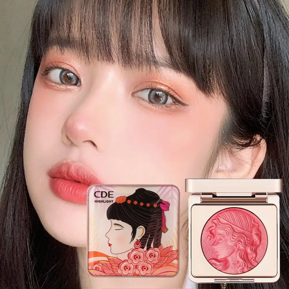 Blush em pó monocromático de pétala rosa, placa mineral alta, blush facial com brilho vermelho, tudo em um pequeno, gelo V5X7, novo relevo