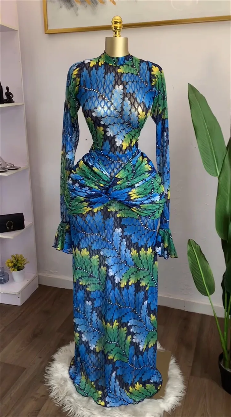 Damska sukienka bodycon z długim rękawem, wzorem liści, warstwowa, długa, na jesień 2025, wieczorowa, urodzinowa, na imprezę, seksowne sukienki, vestidos.