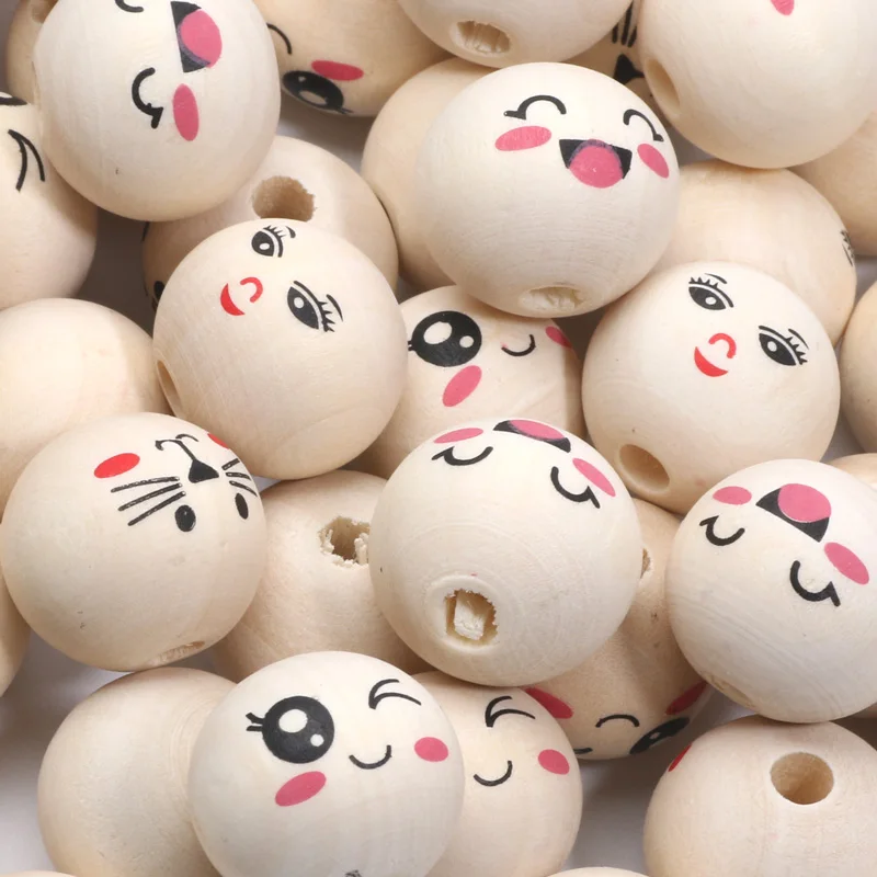 20mm 10pcs Natural Color Wood Beads Smile Face Loose Ball Round Beads For Jewelry Making Bracelet Craft Decor Diy Supplies